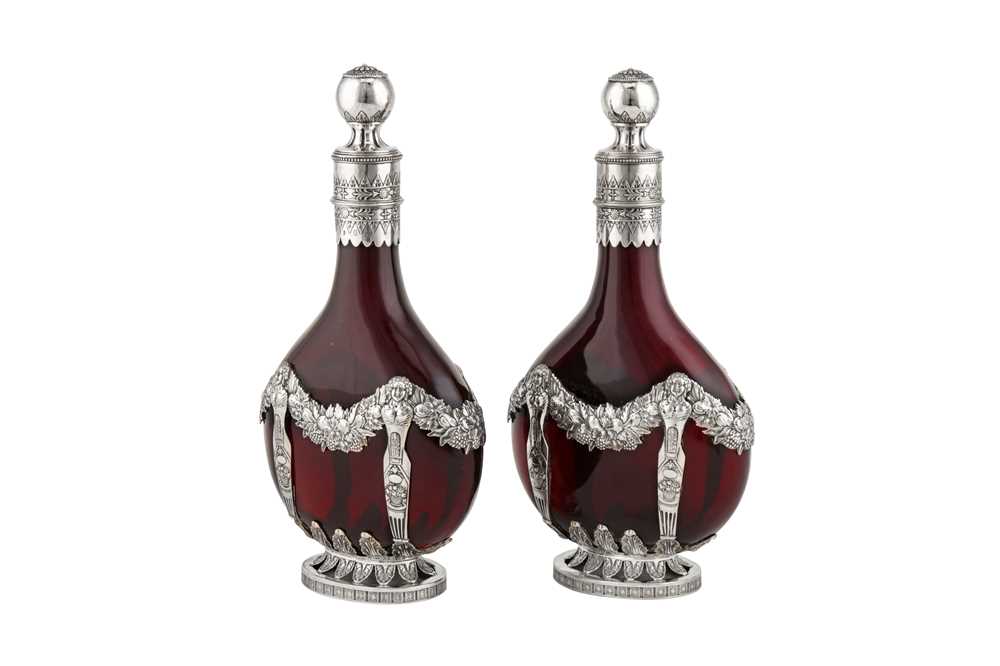 A pair of late 19th century German 800 standard silver mounded ruby glass decanters, Kesselstadt cir - Image 2 of 3