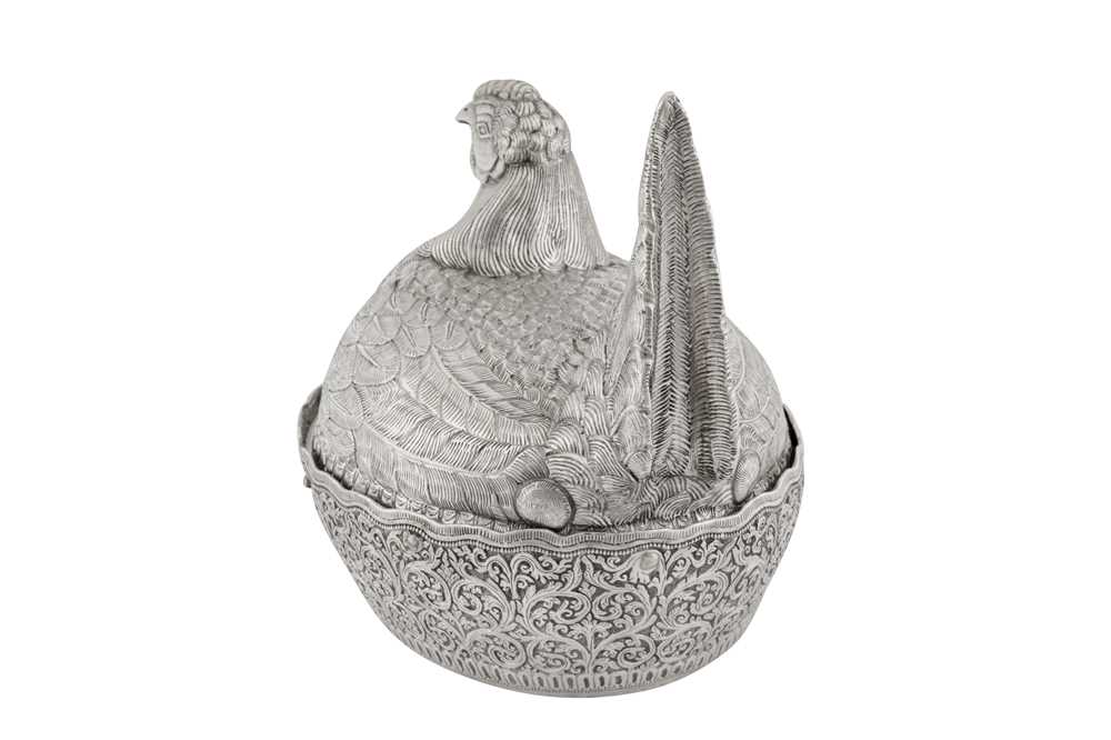 A rare early 20th century Burmese silver novelty 'hen on nest' egg cruet, Shan States dated 1904 - Image 4 of 7