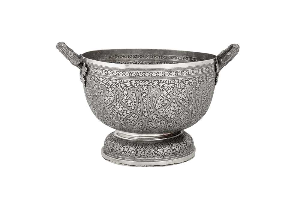 A late 19th century Anglo – Indian silver twin handled bowl, Kashmir circa 1880 retailed by Cooke an