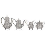 A mid -20th century Persian (Iranian) silver four-piece tea and coffee service, Isfahan circa 1950 m