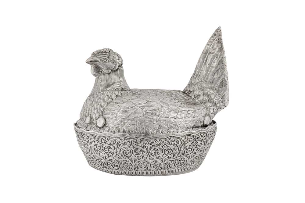 A rare early 20th century Burmese silver novelty 'hen on nest' egg cruet, Shan States dated 1904 - Image 5 of 7