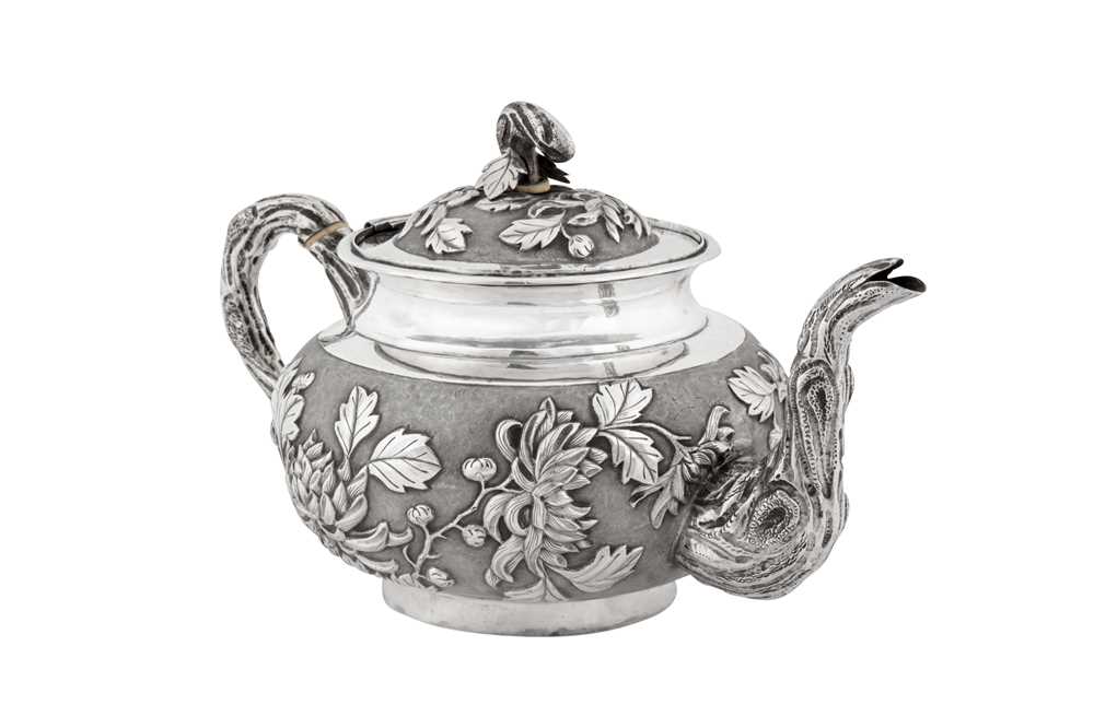 A late 19th / early 20th century Chinese Export silver three-piece tea service, Canton circa 1900 by - Image 3 of 6