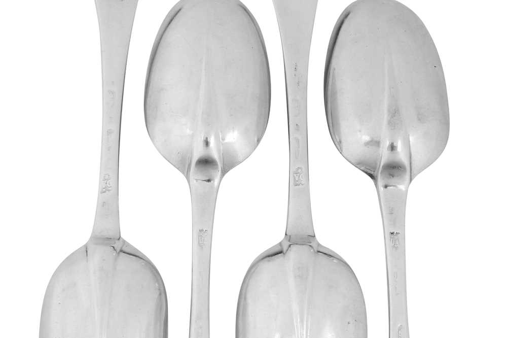 Four Queen Anne Britannia standard silver tablespoons, London 1702 by Isaac Davenport - Image 3 of 3