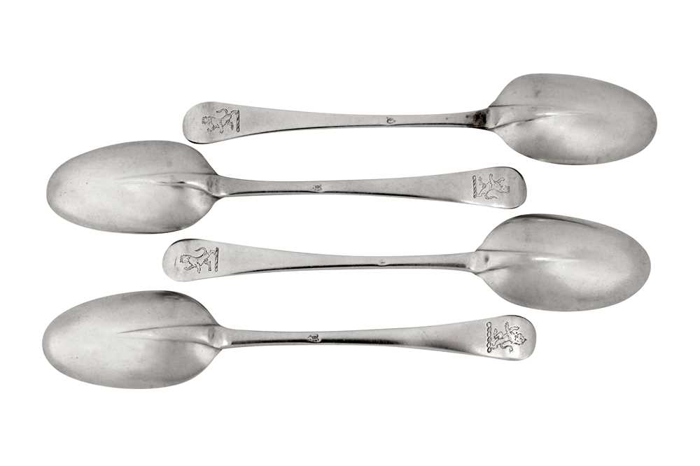 Huguenot interest – Four rare George I silver dessert spoons, London circa 1715 probably by Jacques