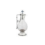 A Victorian sterling silver and enamel mounted glass ecclesiastical flagon or ewer, London 1869 by C