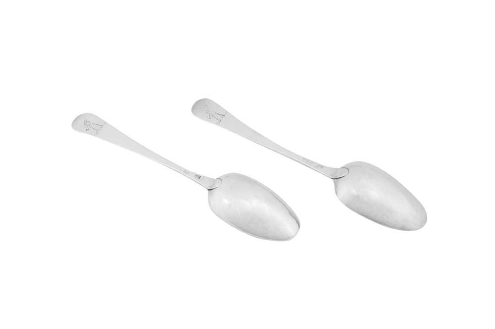 A pair of mid-18th century American Colonial silver tablespoons, Philadelphia circa 1750 by Joseph R