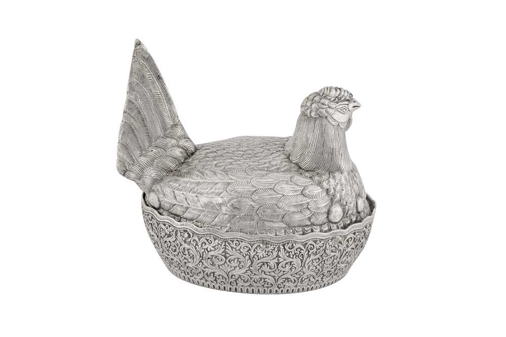 A rare early 20th century Burmese silver novelty 'hen on nest' egg cruet, Shan States dated 1904 - Image 3 of 7