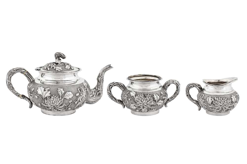 A late 19th / early 20th century Chinese Export silver three-piece tea service, Canton circa 1900 by