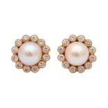 A PAIR OF CULTURED PEARL AND DIAMOND EARSTUDS