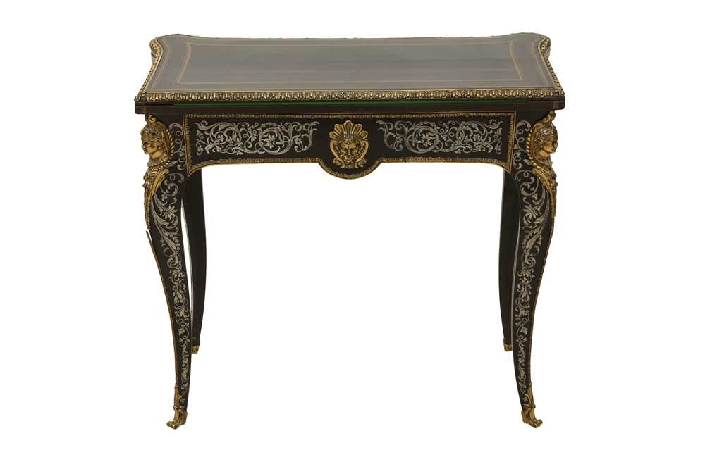 A FRENCH LOUIS XV STYLE EBONISED AND PEWTER INLAID CARD TABLE, LATE 19TH CENTURY