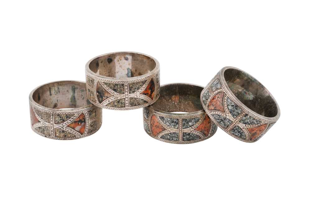 FOUR VICTORIAN STERLING SILVER AND GRANITE INSET NAPKING RINGS, TWO MARKED BIRMINGHAM 1898 BY WILLIA