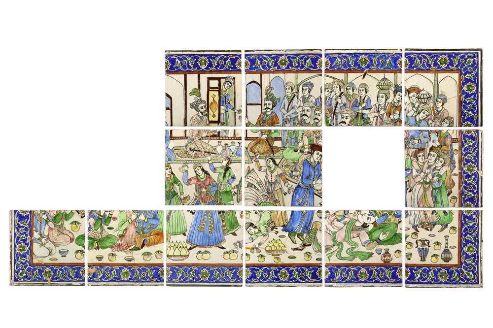 A LARGE COMPOSITION SET OF THIRTEEN MOULDED POTTERY TILES Late Qajar Iran, early 20th century - Image 28 of 44