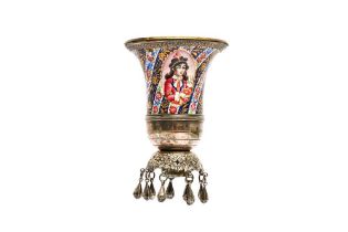 A POLYCHROME-PAINTED ENAMELLED SILVER QALYAN CUP WITH QAJAR YOUTHS PORTRAITS Iran, 19th century