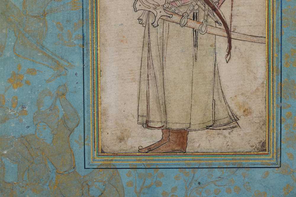 A SAFAVID-REVIVAL TINTED DRAWING OF A MONGOL WARRIOR AND A SAFAVID ILLUMINATED BORDER WITH ANIMALS I - Image 5 of 7