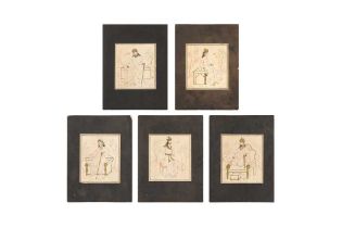 FIVE ARCHAISTIC-STYLE TINTED DRAWINGS OF ANCIENT PERSIAN KINGS Iran, 20th century, signed Hajji Mans