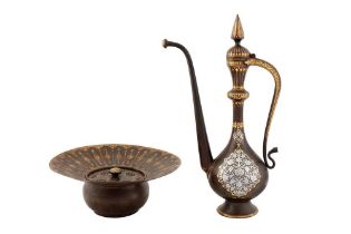 A FINE QAJAR SILVER-OVERLAID GOLD-DAMASCENED STEEL EWER AND A STEEL BASIN WITH OPENWORK COVER Qajar
