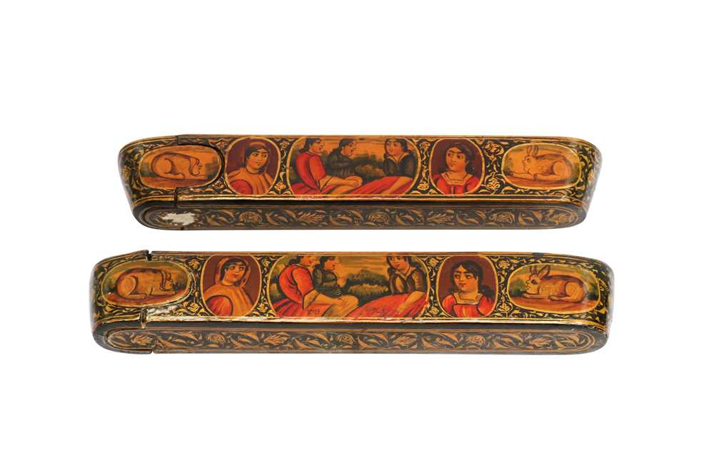 TWO LACQUERED PAPIER-MÂCHÉ PEN CASES WITH PORTRAITS OF SHEIKH SAN'AN AND THE CHRISTIAN MAIDEN Qajar - Image 9 of 11