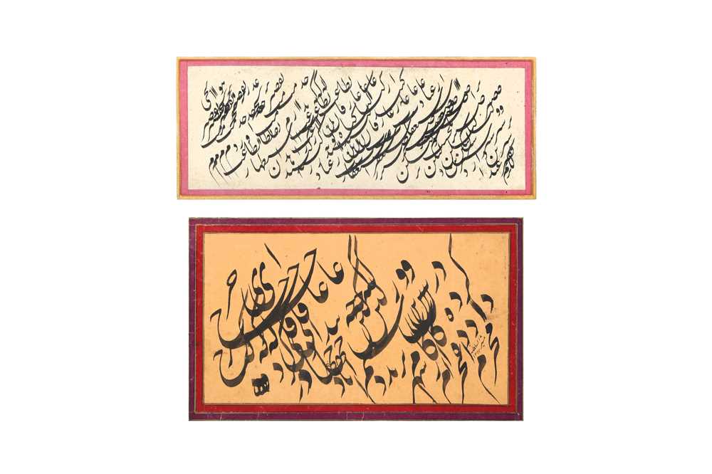 TWO SIGNED PANELS OF NASTA’LIQ MASHQ CALLIGRAPHY Late Qajar Iran, early 20th century