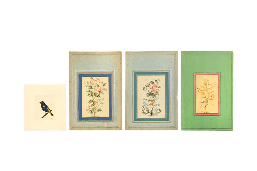FOUR ALBUM PAGE STUDIES OF BIRDS Mostly Qajar Iran, 19th century, signed Lotf 'Ali and inscribed Muh