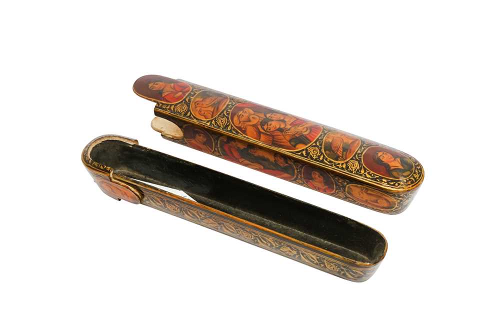 TWO LACQUERED PAPIER-MÂCHÉ PEN CASES WITH PORTRAITS OF SHEIKH SAN'AN AND THE CHRISTIAN MAIDEN Qajar - Image 4 of 11