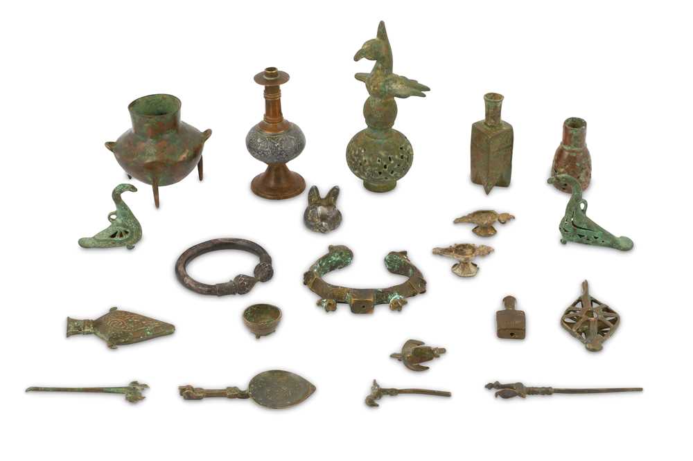 TWENTY-ONE SMALL SELJUK BRONZE VESSELS, ACCESSORIES, AND FRAGMENTS Iran and Central Asia, 12th - 14t - Image 2 of 3