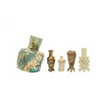 FOUR SMALL EARLY ISLAMIC GLASS OINTMENT FLASKS AND A MISFIRED BOTTLE Syria or Egypt and Iran, 9th -