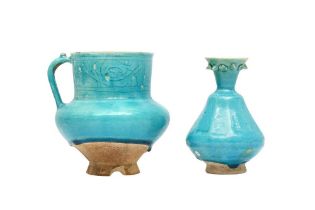 A KASHAN TURQUOISE-GLAZED POTTERY JUG AND SPRINKLER Kashan, Iran, late 12th - 13th century
