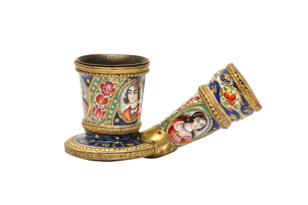 TWO POLYCHROME-PAINTED ENAMELLED COPPER PIPE ELEMENTS Qajar Iran, 19th century - Image 2 of 7