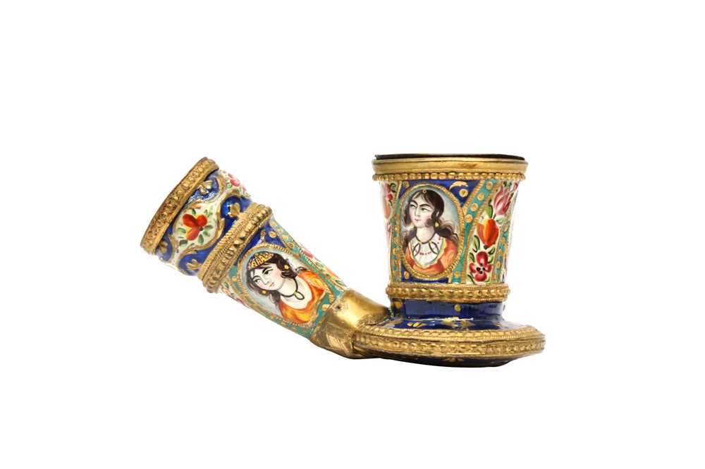 TWO POLYCHROME-PAINTED ENAMELLED COPPER PIPE ELEMENTS Qajar Iran, 19th century - Image 7 of 7
