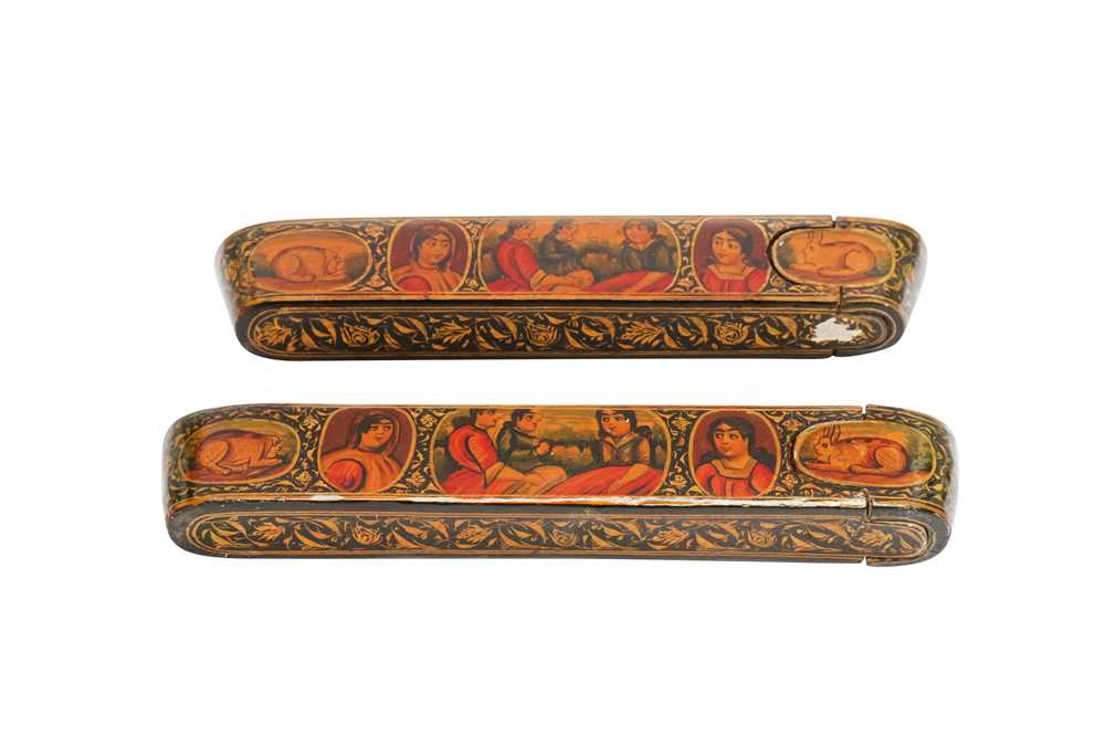 TWO LACQUERED PAPIER-MÂCHÉ PEN CASES WITH PORTRAITS OF SHEIKH SAN'AN AND THE CHRISTIAN MAIDEN Qajar - Image 10 of 11