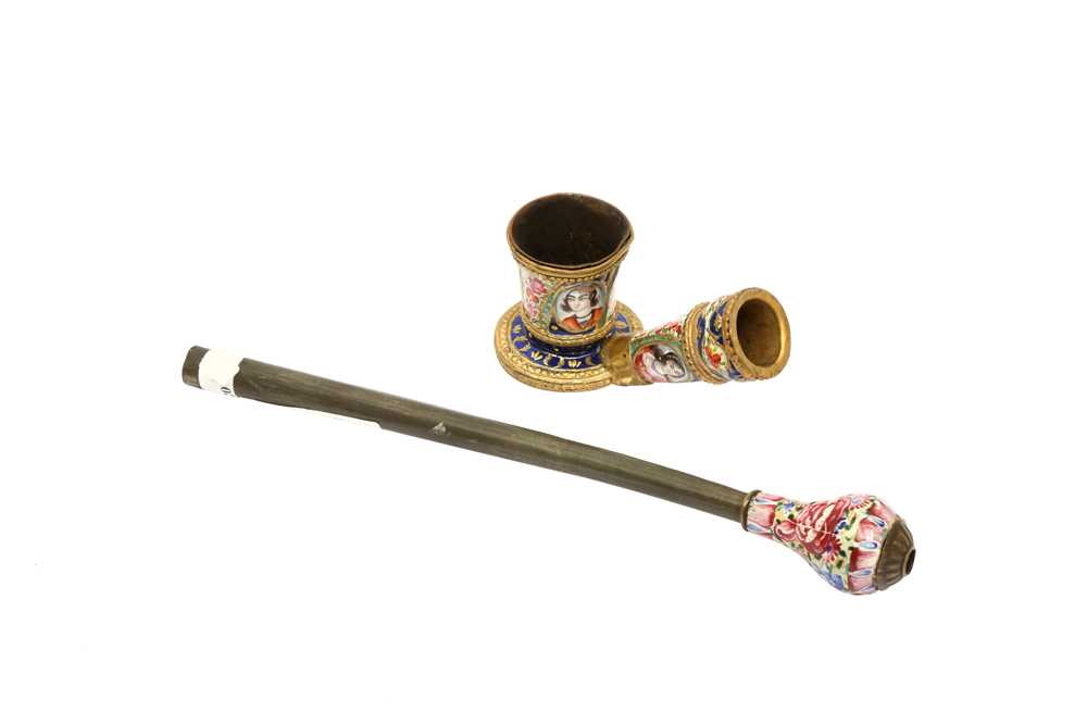 TWO POLYCHROME-PAINTED ENAMELLED COPPER PIPE ELEMENTS Qajar Iran, 19th century - Image 5 of 7