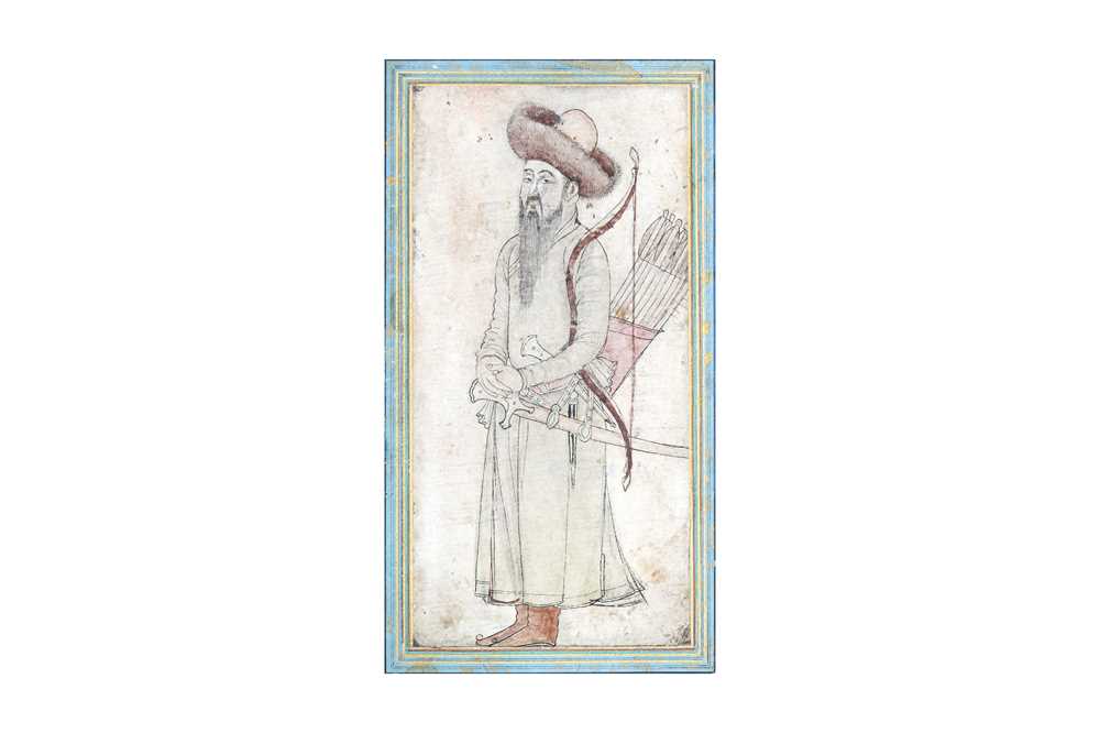 A SAFAVID-REVIVAL TINTED DRAWING OF A MONGOL WARRIOR AND A SAFAVID ILLUMINATED BORDER WITH ANIMALS I - Image 2 of 7
