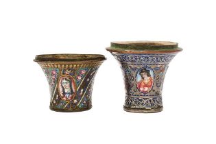 TWO QAJAR POLYCHROME-PAINTED ENAMELLED SILVER AND COPPER QALYAN CUPS WITH YOUTH PORTRAITS Iran, 19th