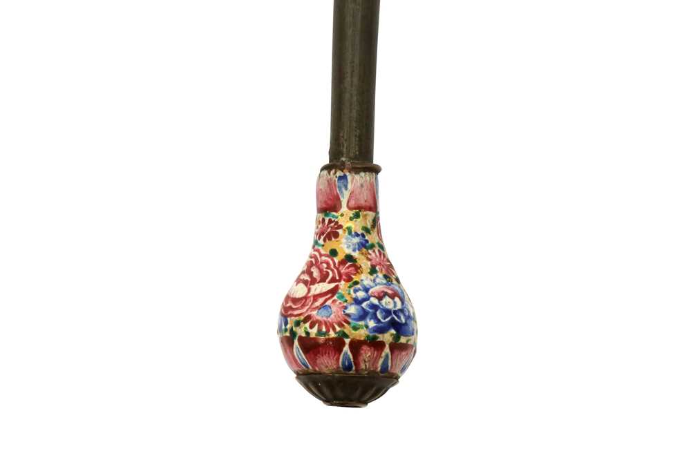 TWO POLYCHROME-PAINTED ENAMELLED COPPER PIPE ELEMENTS Qajar Iran, 19th century - Image 3 of 7