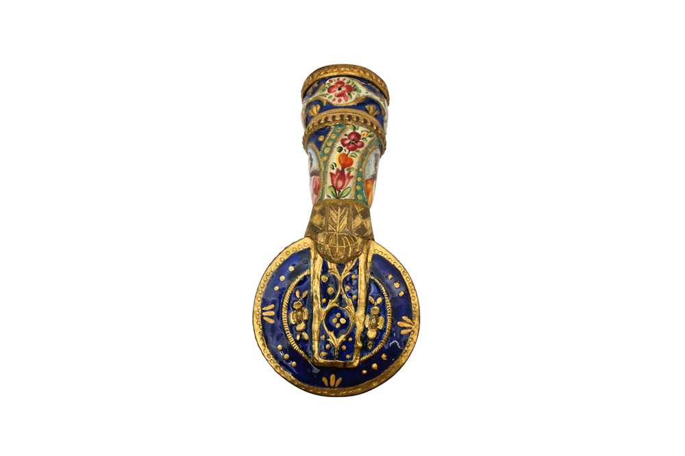 TWO POLYCHROME-PAINTED ENAMELLED COPPER PIPE ELEMENTS Qajar Iran, 19th century - Image 6 of 7