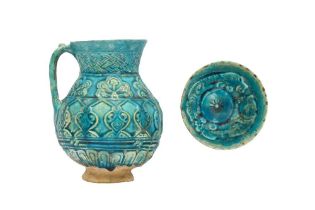 A BAMIYAN MOULDED AND TURQUOISE-GLAZED POTTERY JUG AND A SMALL BOWL Possibly Afghanistan, Eastern Ir