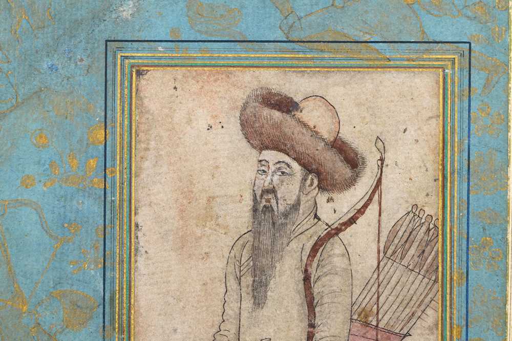 A SAFAVID-REVIVAL TINTED DRAWING OF A MONGOL WARRIOR AND A SAFAVID ILLUMINATED BORDER WITH ANIMALS I - Image 4 of 7