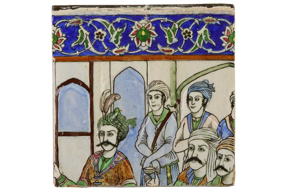 A LARGE COMPOSITION SET OF THIRTEEN MOULDED POTTERY TILES Late Qajar Iran, early 20th century - Image 14 of 44