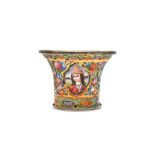 A QAJAR POLYCHROME-PAINTED ENAMELLED GOLD QALYAN CUP WITH MOTHER AND CHILD AND DERVISH PORTRAITS Ira