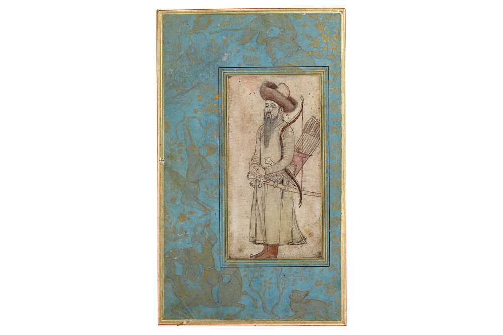 A SAFAVID-REVIVAL TINTED DRAWING OF A MONGOL WARRIOR AND A SAFAVID ILLUMINATED BORDER WITH ANIMALS I - Image 3 of 7