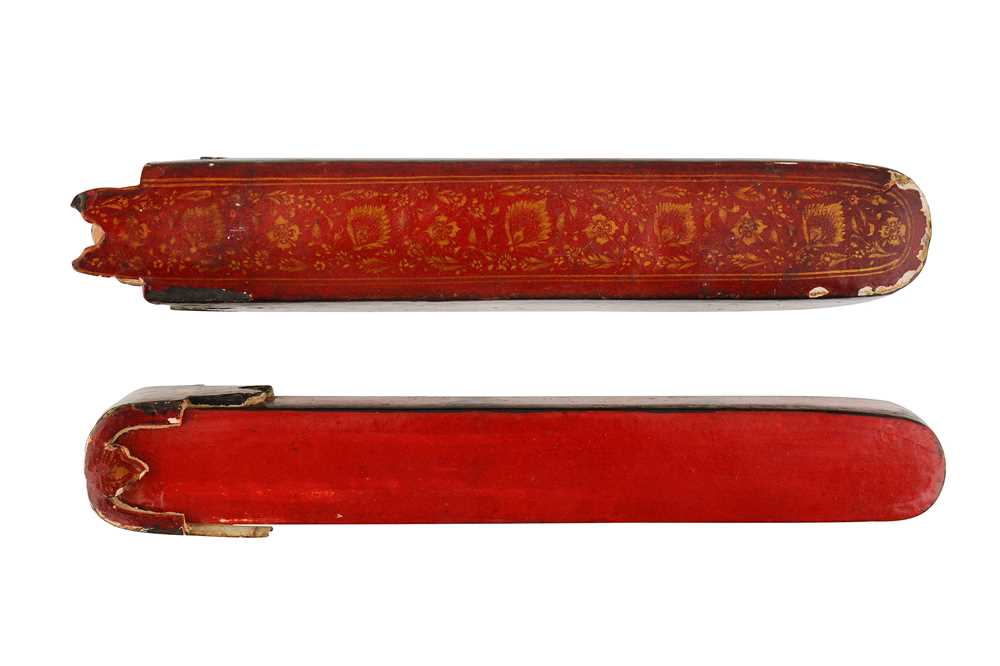 TWO LACQUERED PAPIER-MÂCHÉ PEN CASES (QALAMDAN) WITH WINGED ANGELS AND QAJAR MAIDENS Qajar Iran, mid - Image 8 of 10