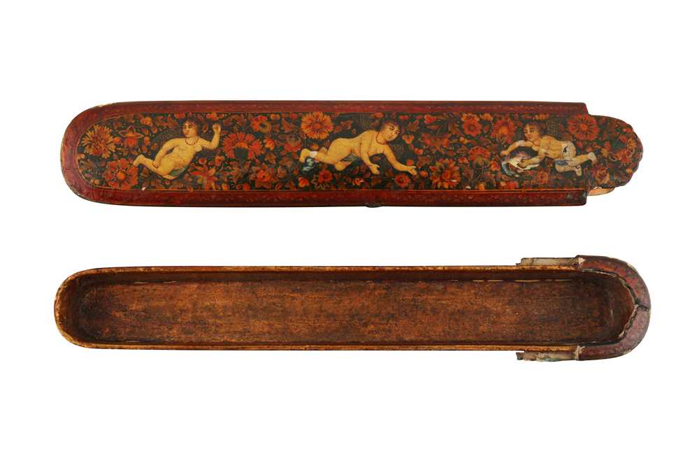 TWO LACQUERED PAPIER-MÂCHÉ PEN CASES (QALAMDAN) WITH WINGED ANGELS AND QAJAR MAIDENS Qajar Iran, mid - Image 6 of 10