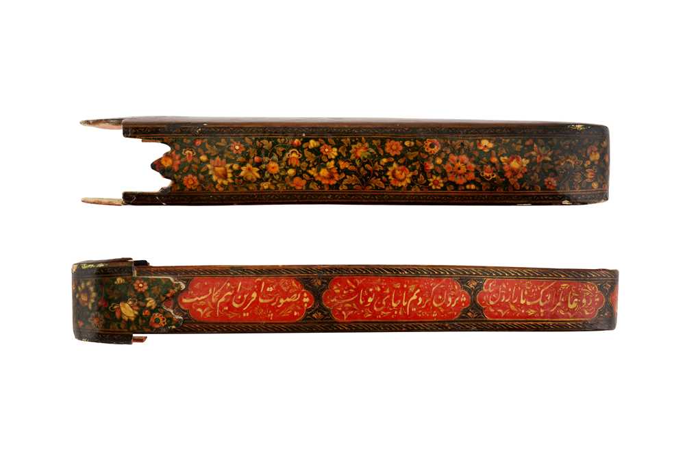 TWO LACQUERED PAPIER-MÂCHÉ PEN CASES (QALAMDAN) WITH WINGED ANGELS AND QAJAR MAIDENS Qajar Iran, mid - Image 9 of 10