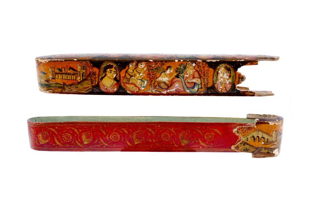 TWO LACQUERED PAPIER-MÂCHÉ PEN CASES (QALAMDAN) WITH WINGED ANGELS AND QAJAR MAIDENS Qajar Iran, mid - Image 10 of 10