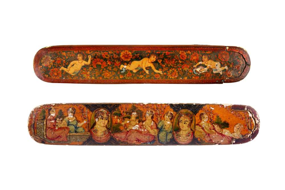 TWO LACQUERED PAPIER-MÂCHÉ PEN CASES (QALAMDAN) WITH WINGED ANGELS AND QAJAR MAIDENS Qajar Iran, mid