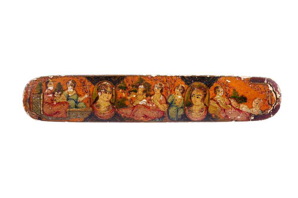 TWO LACQUERED PAPIER-MÂCHÉ PEN CASES (QALAMDAN) WITH WINGED ANGELS AND QAJAR MAIDENS Qajar Iran, mid - Image 5 of 10