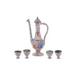 A QAJAR POLYCHROME-PAINTED ENAMELLED COPPER EWER WITH FOUR ZARF CUPS Qajar Iran, mid to late 19th ce