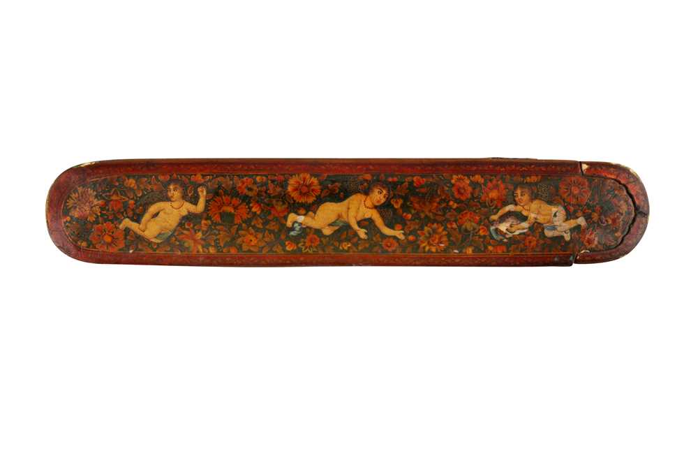TWO LACQUERED PAPIER-MÂCHÉ PEN CASES (QALAMDAN) WITH WINGED ANGELS AND QAJAR MAIDENS Qajar Iran, mid - Image 4 of 10