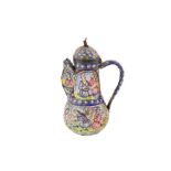 A QAJAR POLYCHROME-PAINTED ENAMELLED LIDDED COPPER COFFEE POT Qajar Iran, mid to late 19th century