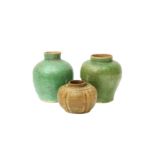 A GROUP OF THREE CHINESE GREEN-GLAZED SMALL JARS 明 綠釉小罐一組三件